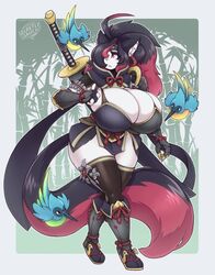 antenna_hair anthro armor asymmetrical_clothes bamboo bamboo_forest big_breasts big_sword big_tail bird blue_feathers boots breast_squish bursting_breasts cat_ears cat_girl catgirl chestnut_mouth claw cleavage curvy dark_hair ear_fluff ear_piercings female fluffy_tail forest front_view full_body furry gauntlets goth hair_over_one_eye huge_breasts japanese_clothes jungle katana long_tail mature_female monster_hunter nervous nikki_(secretly_saucy) original pierced_ears piercings pink_eyes pink_highlights ponytail sandals secretly_saucy sheathed sheathed_weapon skindentation solo sword sword_on_back tail thick_thighs thighhighs two_handed_katana two_handed_sword two_handed_weapon two_tone_hair two_tone_tail vambraces voluptuous walking warrior weapon wide_hips worried