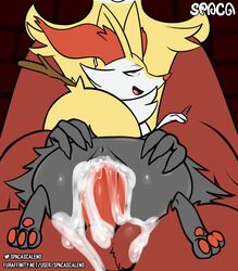 absurd_res balls bodily_fluids braixen canid canine claws cum cum_in_pussy cum_inside delphox digital_media_(artwork) duo erection female female_focus female_penetrated feral fur genital_fluids genitals hi_res humanoid_genitalia humanoid_penis inner_ear_fluff larger_male looking_pleasured male male/female male_penetrating mammal nails nintendo nude open_mouth paws penetration penis pokémon_(species) pokemon pokemon_(species) pussy simple_background size_difference smaller_female spaca stick tongue tuft vaginal_penetration video_games yellow_body yellow_fur