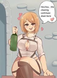 1girls attack_on_titan bare_thighs blush boots bottle bottomless breasts cleavage duharu female female_only heart human light_brown_hair medium_breasts no_pants open_clothes open_shirt panties petra_ral pink_panties shirt short_hair solo tagme thighs tongue