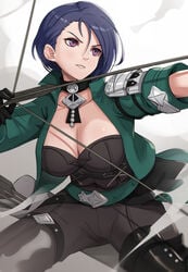 1girls arrow_(projectile) big_breasts blue_hair bow_(weapon) breasts choker cleavage female fire_emblem fire_emblem:_three_houses gloves gonzarez gonzarez1938 highres jacket large_breasts open_clothes open_jacket purple_eyes quiver shamir_nevrand short_hair simple_background smile solo weapon