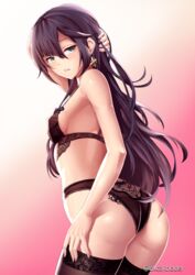 1girls ass black_bra black_legwear black_panties black_thighhighs bra breasts clothing excaliblader female female_only genshin_impact hair_down human legs_together long_hair matching_underwear mona_(genshin_impact) panties sideboob simple_background small_breasts thighhighs underwear