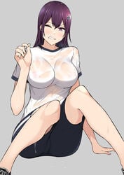 black_footwear black_shorts blush breasts clenched_teeth closed_mouth commentary covered_erect_nipples douyara_boku_no_hanayome_wa_onna_kishidan_na_you_de eyebrows_visible_through_hair facing_viewer female grey_background grimace hair_between_eyes hair_ornament highres knees_together_feet_apart large_breasts long_hair looking_down nipples nori_gorou one_eye_closed original purple_eyes purple_hair see-through shirt shoes short_shorts short_sleeves shorts simple_background sitting solo solo_female straight_hair t-shirt teeth wet wet_clothes wet_hair wet_shirt white_shirt