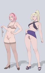 blonde_hair blue_eyes boruto:_naruto_next_generations female_only hairy_pussy heels ino_yamanaka mashinav1 medium_breasts milf naruto no_panties pink_hair ponytail pubic_hair reserexerion sakura_haruno show_pussy small_breasts stockings