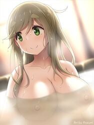 arisu_kazumi artist_name bathing blurry blurry_background blush breasts brown_hair collarbone commentary_request completely_nude depth_of_field dutch_angle eyebrows_visible_through_hair fang_out female green_eyes inuyama_aoi large_breasts long_hair looking_to_the_side nipples nude oerba_yun_fang onsen partially_submerged skin_fang smile solo solo_female thick_eyebrows upper_body wet wet_hair yurucamp