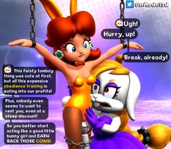 2girls 3d accurate_art_style anthro blonde_hair blue_eyes bondage bowtie bunny_ears bunny_tail bunnysuit chain_bondage chains cuffs freckles hariet_(mario) hitachi_magic_wand mario_(series) multiple_girls nintendo onmodel3d princess_daisy rabbit red_eyes red_hair self_upload super_mario_bros. super_mario_odyssey tan_skin text vibrator white_fur