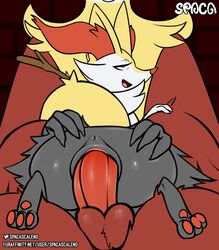 1boy 1girls absurd_res balls braixen canid canine claws delphox digital_media_(artwork) duo erection female female_focus female_penetrated feral fur genitals hi_res humanoid_genitalia humanoid_penis inner_ear_fluff larger_male looking_pleasured male male/female male_penetrating mammal nails nintendo nude open_mouth paws penetration penis pokémon_(species) pokemon pokemon_(species) pussy simple_background size_difference smaller_female spaca stick tongue tuft vaginal_penetration video_games yellow_body yellow_fur