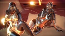 2girls 3d 3d_(artwork) ada-1 bed big_breasts candles destiny_(game) destiny_2 elsie_bray exo exo_stranger female_only laying laying_down laying_on_bed looking_at_viewer nipples robot robot_girl robot_humanoid shiny_skin sonicfreak thighhighs