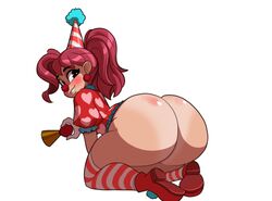 1girls ass big_ass bottom_heavy britches_(super_lewd) bubble_butt clown clown_girl clown_nose earrings fat_ass female female_only gloves huge_ass large_ass looking_back on_knees panties party_hat ponytail red_hair sitting_on_knees solo striped_legwear thick_ass thick_thighs thighhighs trina_biggs wide_hips