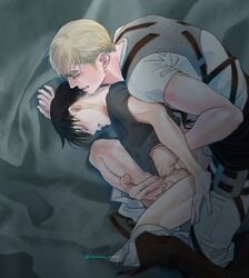 2boys anal anal_sex attack_on_titan bare_thighs blonde_hair clenched_teeth closed_eyes clothing doggy_style erwin_smith gay hand_on_thigh harness human human_only levi levi_ackerman maino_merry male male/male male_on_male male_only male_penetrated male_penetrating male_penetrating_male pants_down penetration teaspoons_position undercut yaoi