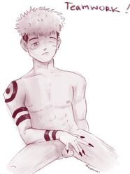 1boy 2boys blowjob bodily_fluids cum gay itadori_yuuji jujutsu_kaisen male_only masturbation missrdiecko mouth muscular ryoumen_sukuna_(jujutsu_kaisen) tattoo thick_thighs yaoi