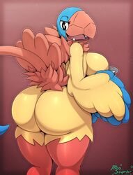 1girls 2019 anthro archen ass avian big_ass big_breasts blue_feathers breasts busty claws eyelashes fangs fat_ass feathers female female_focus female_only fossil_pokémon holding_breast huge_ass looking_at_viewer looking_back miso_souperstar nintendo open_mouth pokémon_(species) pokemon pokemon_bw red_background red_feathers red_tail red_tuft smile tail tail_feathers thick_thighs thighs tongue watermark yellow_fur