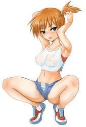 1girls areolae blue_eyes blush breasts cutoffs erect_nipples female female_only gincha gym_leader kasumi_(pokemon) legs looking_at_viewer midriff midriff_baring_shirt misty_(pokemon) misty_(pokemon_lgpe) navel nintendo nipples nipples_visible_through_clothing orange_hair panties pokemon pokemon_rgby red_hair see-through_clothing short_shorts shorts solo squatting striped_panties thick_thighs thighs tied_hair tongue tongue_out transparent_clothing unbuttoned_shorts wet