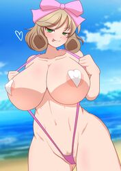 1girls bikini blush brown_hair haruka_(senran_kagura) heart_pasties huge_breasts nipple_pasties onakaitai pasties senran_kagura smile solo string_bikini tongue_out white_heart_pasties white_pasties