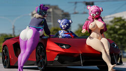 3d 3girls alpaca bear big_breasts car cuddle_team_leader dj_bop fireworks_team_leader fortnite furry game meatroza purple_fur purple_skin tagme tail thick_thighs