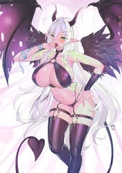 bangs bikini blush choker demon_girl demon_horns demon_tail demon_wings garter_straps green_eyes highres horns large_breasts long_hair looking_at_viewer navel o-ring open_mouth original pointy_ears slit_pupils solo suerte swimsuit tail tattoo thighhighs white_hair wings