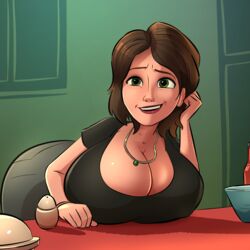 1girls ass bending_over big_hero_6 breasts breasts_on_table brown_hair cass_hamada cleavage cleavage_cutout disney emmabrave female female_focus female_only green_eyes kitchen large_breasts marvel necklace open_mouth presenting short_hair smiling solo solo_female