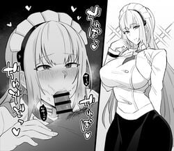 aba_rano bangs black_and_white blowjob blush breasts censored censored_penis eyebrows_visible_through_hair fringe heart horny jacket japanese_text large_breasts last_origin long_hair long_sleeves looking_at_viewer maid_headdress medium_breasts oral penis pubic_hair saliva sowan_(last_origin) sweatdrop very_long_hair