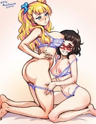 2girls ass asymmetrical_hair black_hair blonde_hair blue_eyes blush bra bra_down breasts clothing female galko glasses grin gyaru height_difference imminent_sex kneeling kogal large_breasts legs_together lingerie long_hair matching_underwear medium_breasts minacream multiple_girls nipples one_eye_closed one_side_up oshiete!_galko-chan otako_(galko) panties panties_down panty_pull puffy_nipples pulled_by_another purple_bra purple_panties red-framed_eyewear red_eyes scrunchie short_hair side_bun smile underwear underwear_only undressing_another yuri