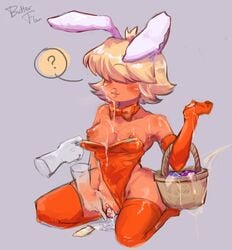 1girls alien alien_girl bunny_ears bunnysuit butterflan01 cartoon_network crown cum easter egg gem_(species) gloves hair_over_eyes humanoid off_colors_(steven_universe) orange_skin padparadscha_(steven_universe) short_hair steven_universe thighhighs wet_pussy