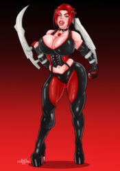 1girls 2021 alexcherubic bimbo blades bloodrayne boots breasts dhampir digital_media_(artwork) female female_only fully_clothed green_eyes half_vampire jewelry latex latex_boots latex_gloves latex_suit lips lipstick rayne red_hair short_hair solo solo_female vampire video_games weapon