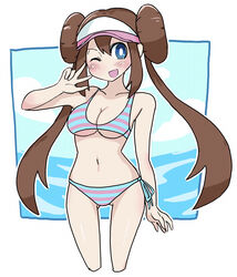 1girls ass_visible_through_thighs bikini bikini_bottom bikini_top blue_eyes blush brown_hair female long_hair nintendo open_mouth peace_sign pokemon pokemon_bw2 rosa_(pokemon) solo striped_bikini swimwear twintails v white-stew white_skin wink