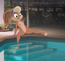 anthro blonde_hair blue_eyes breasts d-sketch3r detailed_background female genitals hair hi_res lagomorph lola_bunny looney_tunes mammal nipples nude poolside pussy skinny_dipping solo warner_brothers