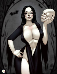 bare_legs big_breasts black_eyes black_hair breasts busty cleavage deep_cleavage didi_esmeralda dress female female_focus female_only goth hourglass_figure lipstick long_fingernails long_hair milf morticia_addams nail_polish pale-skinned_female pale_skin revealing_clothes skimpy skimpy_clothes skimpy_dress sleeves_rolled_up solo tagme the_addams_family wide_hips