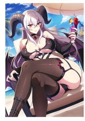 bangs bare_shoulders beach blue_sky blush choker cleavage cup day demon_girl demon_horns demon_wings highres horns large_breasts legs_crossed long_hair looking_at_viewer original outdoors pointy_ears red_eyes sidelocks silver_hair sitting sky smile thighhighs wings zeroshiki_kouichi