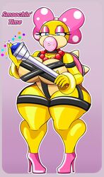 1girls anthro big_breasts big_lips bimbo blue_eyes breasts cleavage doodlewill female female_only half-closed_eyes hi_res high_heels highres lingerie mario_(series) pink_background pink_eyeshadow shortstack simple_background solo standing thick_lips thick_thighs thighs wendy_o._koopa wide_hips yellow_skin