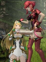 2futas 3d balls big_balls big_breasts big_penis breasts clothed clothing duo futa_only futanari huge_cock mostly_clothed mythra pale_skin penis penis_awe pyra ruler stalkek standing xenoblade_(series) xenoblade_chronicles_2