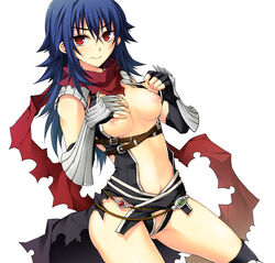 akira_(139931) armor assassin_cross_(ragnarok_online) bangs black_cape black_gloves black_shirt blue_hair blush breasts cape closed_mouth colorized commentary_request cowboy_shot dutch_angle elbow_gloves eremes_guile eyebrows_visible_through_hair female fingerless_gloves gauntlets genderswap_(mtf) gloves hair_between_eyes highres long_hair looking_at_viewer medium_breasts navel nipples open_clothes open_shirt pauldrons ragnarok_online red_eyes red_scarf revealing_clothes rule_63 scarf shirt shirt_pull shoulder_armor simple_background smile solo sptbird torn_cape torn_clothes torn_scarf waist_cape white_background