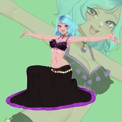 1girls black_skirt blue_hair circle_skirt dancer_outfit female_only harem_outfit long_skirt melkcoffee open_mouth pink_eyes skirt spread_arms tagme