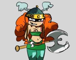 axe barbara_(rayman) barbarian breasts breasts_out broken_teeth clothing female headgear helmet human nicechan nipples rayman_(series) rayman_legends red_hair smile ubisoft weapon