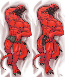 abs anthro balls bedroom_eyes biceps claws clothing dakimakura_design dragon genitals grin hi_res horn lilshark looking_at_viewer lying male muscular muscular_male narrowed_eyes on_back pecs penis scalie seductive smile solo thumb_in_waistband underwear yellow_sclera