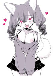 1girls :3 anthro big_breasts blush breasts choker clothing cute cute_fang fang felid feline female fluffy fluffy_tail furry happy heart inviting looking_at_viewer loose_clothes loose_shirt mfmftanutan nipples open_mouth pawpads paws skirt smile smug solo tail tailwag white_body white_fur