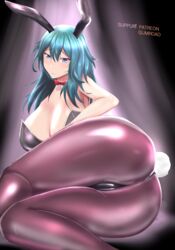 1girls alternate_costume ass big_ass blue_hair bowtie bunny_ears bunny_girl bunnysuit byleth_(fire_emblem) byleth_(fire_emblem)_(female) cameltoe cleavage fire_emblem fire_emblem:_three_houses large_ass large_breasts long_hair looking_at_viewer nintendo partially_visible_vulva smile solo suppuri teal_hair