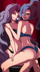 2girls ass bra clair_(pokemon) elite_four gym_leader hair_ornament hair_tie human karen_(pokemon) karen_(pokemon_hgss) multiple_girls nintendo panties pokemon pokemon_gsc pokemon_hgss seductive seductive_smile smile underwear vivivoovoo yuri