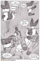 ambiguous_gender anthro backpack bell canid canine collar comic doujinshi english_text fall_(disambiguation) female forest genitals hi_res iradeon mammal nia_(senz) page_57 pussy sean_(senz) senz text url vines