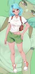 artist_logo backpack blue_hair eyebrows_visible_through_hair hand_on_hip large_breasts long_hair looking_at_viewer melkcoffee pink_eyes polo_shirt shorts standing t-shirt tagme