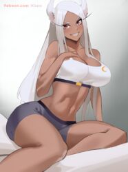 animal_ears bare_shoulders belly breasts eyebrows eyelashes female female_focus female_only gray_shorts kisou light-skinned_female light_skin long_hair looking_at_viewer miruko my_hero_academia navel red_eyes rumi_usagiyama shorts simple_background sitting smile smiling smiling_at_viewer solo solo_female solo_focus sports_bra sports_uniform sportswear stomach thighs tight_clothing tight_fit white_background white_hair white_sports_bra