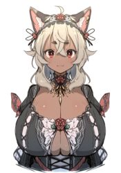 blonde_hair cat_ears cat_girl cleavage cleavage_cutout dress female gigantic_breasts hair_ornament huge_breasts indie_virtual_youtuber kemonomimi long_hair looking_at_viewer original original_character red_eyes smiling tanned_skin virtual_youtuber yana_(nekoarashi) yana_(vtuber)