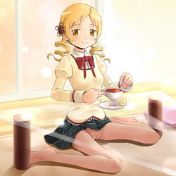 bad_id bad_pixiv_id barefoot blonde_hair clothing cup drill_hair egg_vibrator female glass_table highres mahou_shoujo_madoka_magica no_panties pubic_hair pussy see-through sex_toy shuuji_(shumi) skirt table tea tomoe_mami vibrator