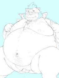 2020s 2021 anthro balls belly blue_background blue_hair doguma-sin fat genitals gouryou hair hi_res kemono male male_only mammal micropenis monochrome moobs morbidly_obese morbidly_obese_male nipples obese obese_male overweight overweight_male penis simple_background small_penis solo suid suina sus_(pig) tokyo_afterschool_summoners video_games wild_boar