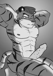 abs anthro biceps black_and_white digital_media_(artwork) erection felid feline flexing genitals hair hands_behind_head hi_res j'mal_quinn joykill kneeling male mammal monochrome muscular muscular_anthro muscular_male nipples nude pantherine pecs penis solo solo_male stripes tiger waiting