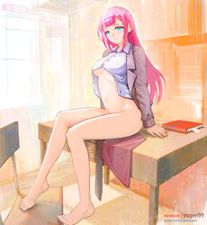 1girls barefoot blue_eyes bokutachi_wa_benkyou_ga_dekinai bottomless female female_only functionally_nude indoors kirisu_mafuyu_(bokuben) long_hair mostly_nude pink_hair posing shirt sitting sitting_on_table skirt_removed solo sunlight table teacher yugen99