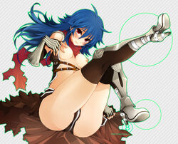 armored_boots ass assassin_cross_(ragnarok_online) bangs belt black_cape black_gloves black_legwear black_shirt blue_hair blush boots breasts brown_belt cape closed_mouth commentary_request elbow_gloves eremes_guile eyebrows_visible_through_hair female fingerless_gloves full_body gauntlets genderswap_(mtf) gloves hair_between_eyes high_heel_boots high_heels kneehighs long_hair looking_at_viewer medium_breasts nipples open_clothes open_shirt ragnarok_online red_eyes red_scarf revealing_clothes rule_63 scarf shirt shirt_pull smile solo sptbird topless torn_cape torn_clothes torn_scarf waist_cape watermark web_address