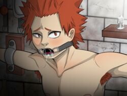 1boy armpit_hair ball_gag blush bondage bound buttplug cum dirtydizzydraws displayed_gags drooling dungeon eijirou_kirishima gag gagged lubed_buttplug male male_only mouth_spreader muscular muscular_male my_hero_academia nipples nonconsensual open_mouth rape red_eyes red_hair restrained schoolboy sharp_teeth solo_male spider_gag