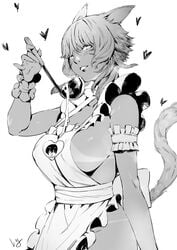 adventurer_(ff14) animal_ears apron arm_garter blush breasts cat_ears cat_tail club3 female final_fantasy final_fantasy_xiv from_side greyscale hand_up heart highres holding ladle large_breasts looking_at_viewer looking_to_the_side miqo'te mole mole_on_breast monochrome naked_apron nanaya_(daaijianglin) parted_lips short_hair sideboob signature simple_background smile solo standing tail tan tanline whisker_markings white_background wristband y'shtola