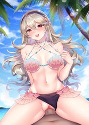 1boy 1girls :d alternate_costume arm_behind_back banglinh1997 bangs bare_arms bare_shoulders bikini black_hairband blue_sky blush breasts brown_hair collarbone corrin_(fire_emblem) corrin_(fire_emblem)_(female) corrin_(summer)_(fire_emblem)_(female) cowgirl_position day eyebrows_visible_through_hair female fire_emblem fire_emblem_cipher fire_emblem_fates hairband highres large_breasts lens_flare long_hair lying mismatched_bikini navel nintendo on_back open_mouth outdoors palm_tree penis pointy_ears pussy red_eyes saliva sex shell shell_bikini sky smile spread_legs starfish_hair_ornament stomach straddling swimsuit thighs tree uncensored vaginal_penetration very_long_hair