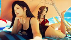 2girls 3d aerith_gainsborough ass ass_grab beach beach_ball beach_towel beach_umbrella butt_grab cleavage female female_only final_fantasy final_fantasy_vii fully_clothed junkerz one-piece_swimsuit patreon_username swimsuit tifa_lockhart twitter_username yuri